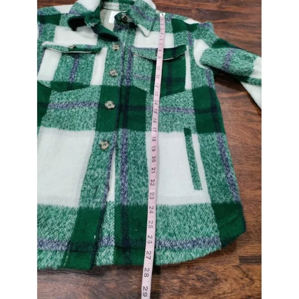 Avec Les Filles Green White Buffalo Plaid Wool Blend Shacket Overshirt - Picture 13 of 13